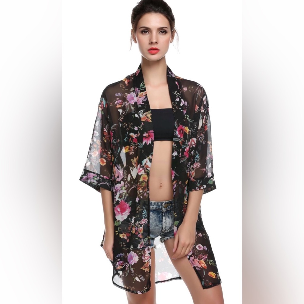 Women's 3/4 Sleeve Floral High Low Chiffon Kimono Duster Swim Cover Up